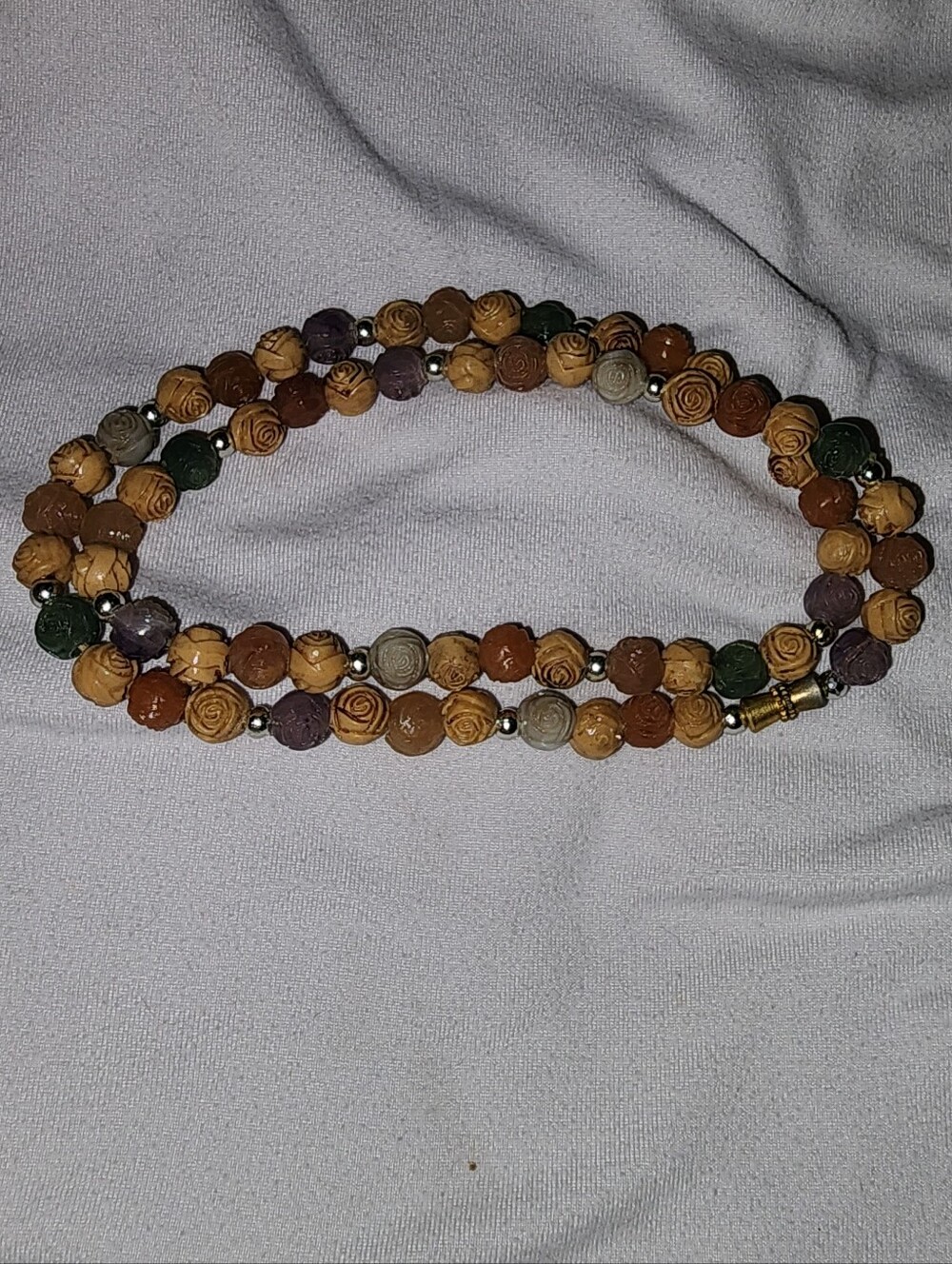 double-strand beaded wrap bracelet made with carved wooden rose bead